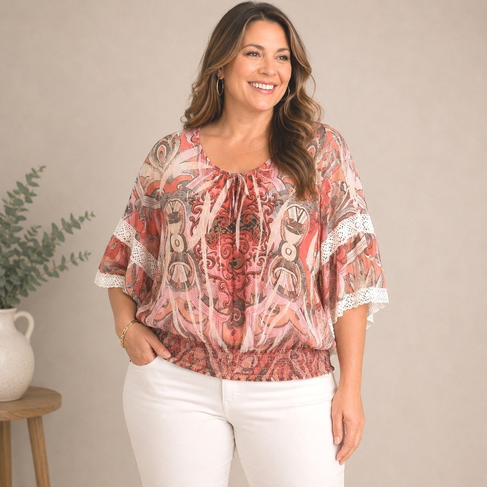 Cato Womens Plus 18/20 Coral Boho Peasant Top Crochet Lace Banded Hem Blouson